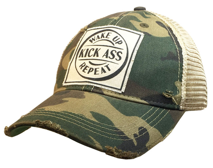 Wake Up, Kick Ass, Repeat Distressed Trucker Cap Camo - Horse Country Trading Company