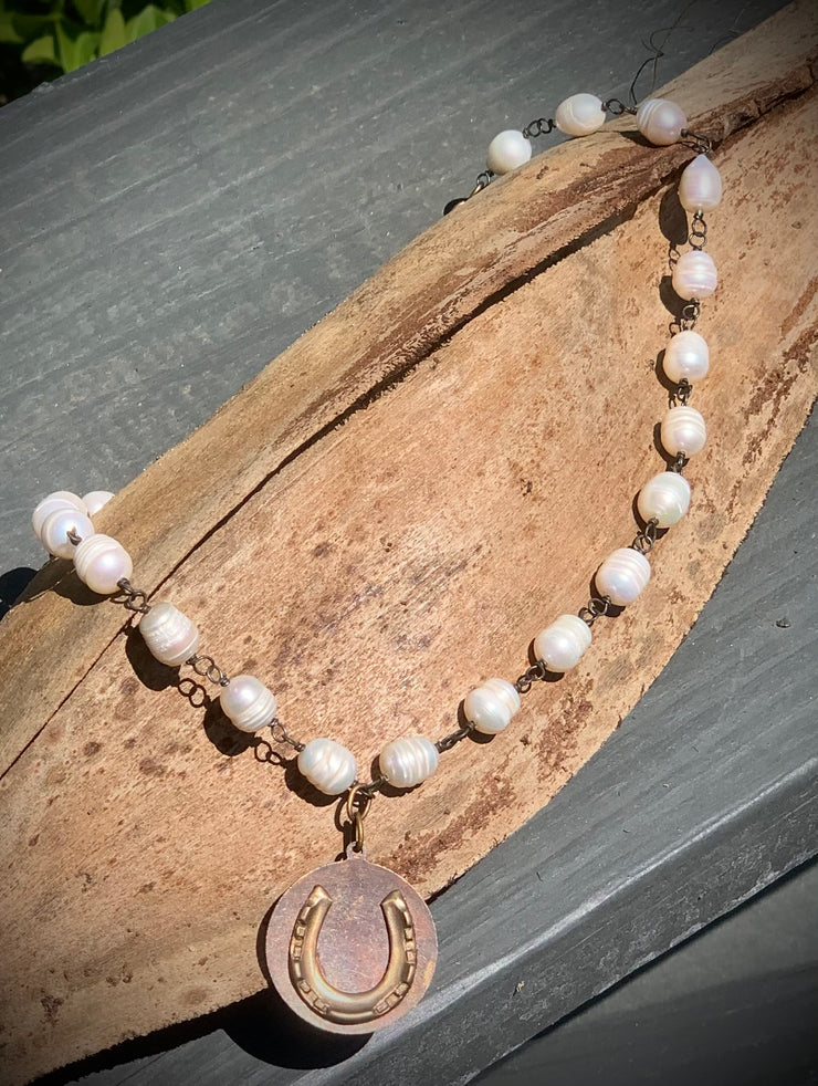Brass Horseshoe on Freshwater Pearl Necklace - Horse Country Trading Company