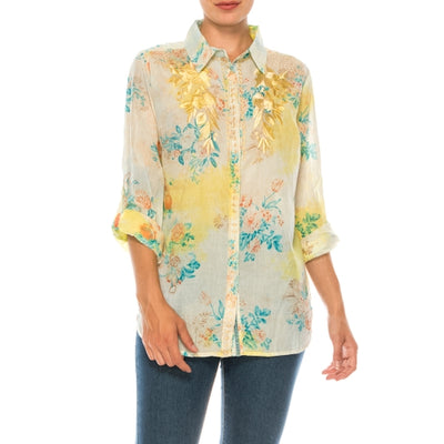 Yellow Floral Button Down Embroidered Blouse - Horse Country Trading Company