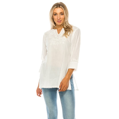 White Split Neck Tunic with Embroidery - Horse Country Trading Company
