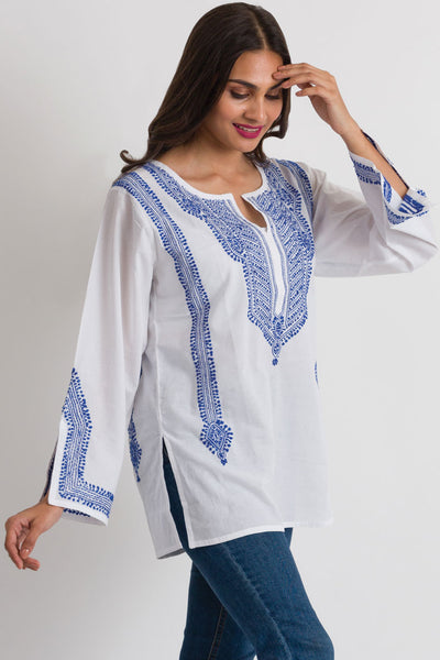 Dayanita White with Blue Embroidered Tunic - Horse Country Trading Company
