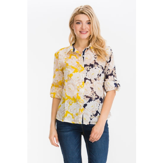 Floral Print Button Down Blouse Split Gold/Navy - Horse Country Trading Company