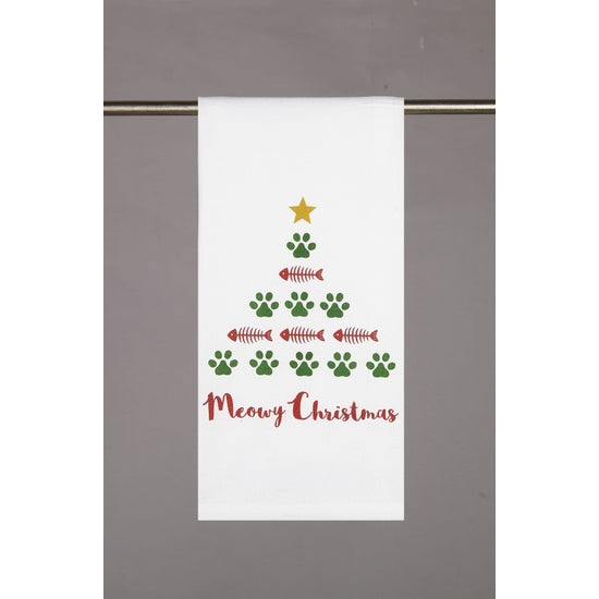 Meowy Christmas Dish Towel - White