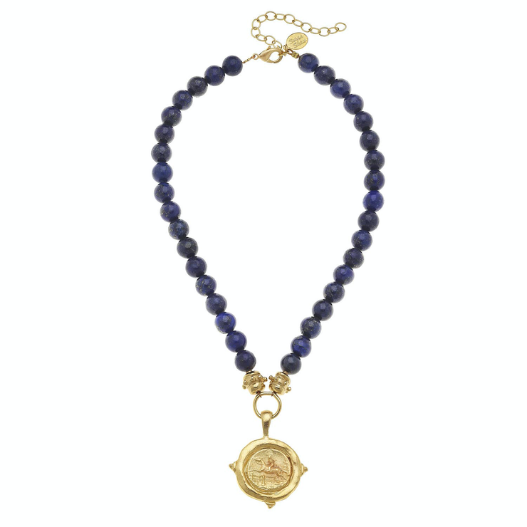 Gold Equestrian on Genuine Lapis Necklace - Horse Country Trading Company