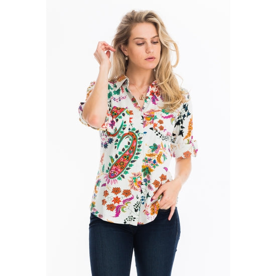 Floral Print Button Down Blouse White Multi Color - Horse Country Trading Company