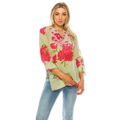 Floral Split Neck Tunic with Embroidery - Horse Country Trading Company