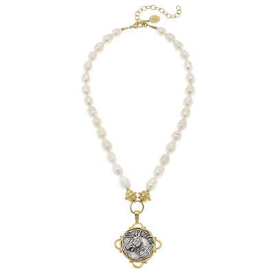 Freshwater Pearl Necklace with Gold & Silver Horse Head Pendant - Horse Country Trading Company